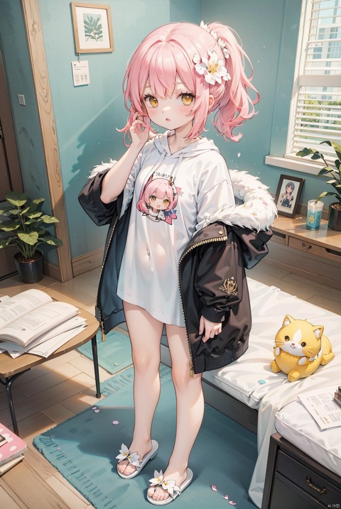 1petite loli, solo.pink hair, long pink hair, (yellow eyes),puffy sleeves,fur-trimmed jacket, hair flower, fipped hair, high ponytail, loose over_sized Casual T-shirt, white shirt, hoodie coat, bare legs, slippers;relaxed, one-eye_closed, adjusting hair, looking at viewer, standing., chibi, surrealistic,tuyawang,abstract,
