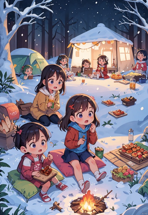 (5 girls watching and playing with each other), whole body (Laurie: 1.2), camping, picnicking, barbecue, barbecue, winter, snow, night, children's illustrations, masterpiece, best quality,