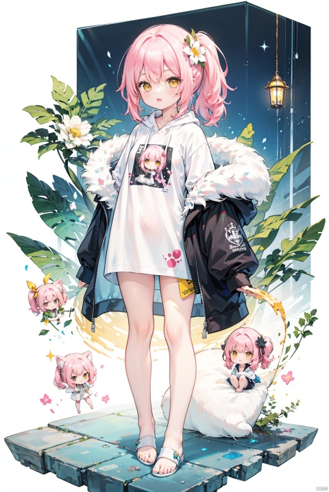 1petite loli, solo.pink hair, long pink hair, (yellow eyes),puffy sleeves,fur-trimmed jacket, hair flower, fipped hair, high ponytail, loose over_sized Casual T-shirt, white shirt, hoodie coat, bare legs, slippers;relaxed, one-eye_closed, adjusting hair, looking at viewer, standing., chibi, surrealistic,tuyawang,abstract,
