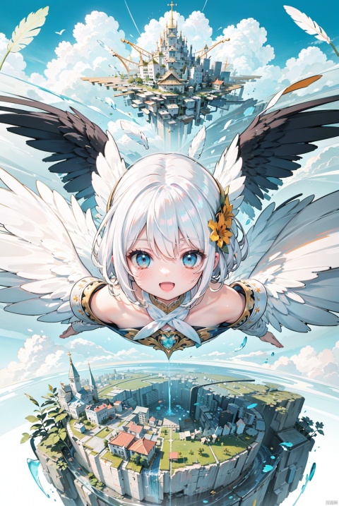 ((best quality, ultra detailed)),(best quality, ultra detailed), fantasy, fisheye, (bishoujo:1.3), 1 cute angel flying in sky, solo, ((Spread huge white wings)), happy smile, opened mouth, black eye, delicate eyes, portrait, short hair, silver hair,beautiful and detailed background, (above the clouds:1.4), (some floating island, floating city:1.5), weightlessness, zero gravity ,giant scales, (feathers:1.3)