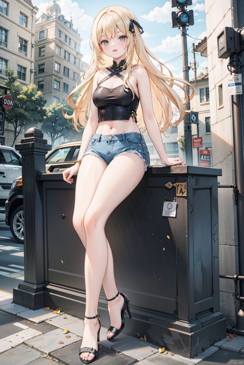 Mature woman, street, long blonde hair, slender legs, bare legs, wearing high heels, bare legs, sleeveless strapless vest, ultra short sexy jeans
