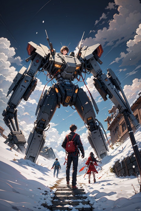 (A girl and a boy in the middle, with a giant mecha behind them, typesetting) (Snow Mountain) Spectacular, Cosmic, Combat, Mission, Belief, Peace, Ruins, Battle Damage, mecha destroyed, mecha shattered and incomplete, boy with injuries, Brave, Fighting