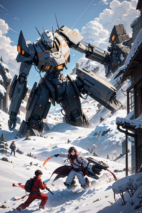 (A girl and a boy in the middle, with a giant mecha behind them, typesetting) (Snow Mountain) Spectacular, Cosmic, Combat, Mission, Belief, Peace, Ruins, Battle Damage, mecha destroyed, mecha shattered and incomplete, boy with injuries, Brave, Fighting