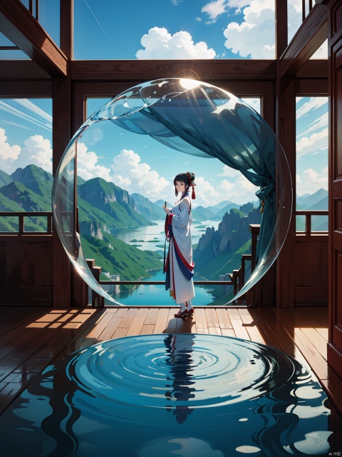 Immortals, beauties, Hanfu on high mountains, floor to ceiling windows with clouds, circular windows, mountains, rivers, lakes, finely depicted facial features, Chinese furniture, huge water rings, circles formed by water, ice pillars