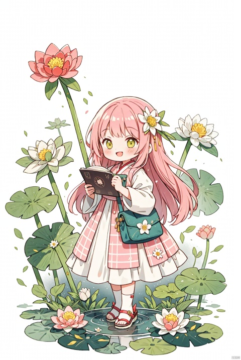 1girl, Kate Allan, Cute, camellia, daisy, dandelion, floral background, flower, full body, holding, leaf, lily,(flower), lily pad, long hair, lotus, pink dress, pink flower, plaid, sleeves, sandals, flmile, solo, camellia, traditional, media, dandelion, white background, lily,(flower), lily pad, long hair, lotus, pink dress, pink flower, plaid, puffy sleeves, sandals, smile, solo, traditional media, white flower, white background, yellow flower