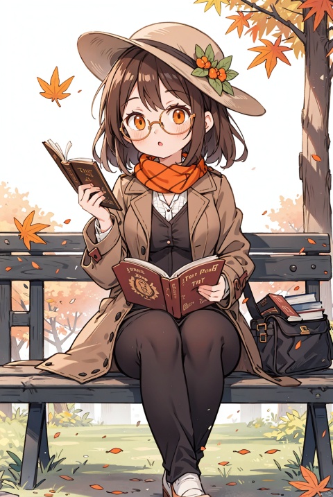 Falling leaves in autumn, girl with middle breasts, sitting on a bench, brown orange hair, orange eyes, with a long brown scarf around her neck, wearing a pair of glasses, holding a book in her hand, carefully reading, wearing a brown coat and a hat