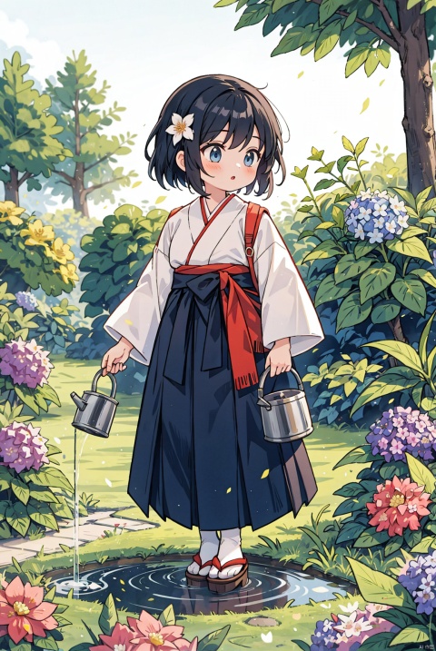 1girl, blue_eyes, blue_hair, blurry, blurry_background, blurry_foreground, bush, day, depth_of_field, field, flower, flower_field, garden, grass, hakama, hakama_skirt, hydrangea, japanese_clothes, long_sleeves, nature, on_grass, outdoors, path, plant, pond, potted_plant, purple_flower, rock, scenery, short_hair, skirt, solo, tree_stump, watering_can, white_flower
