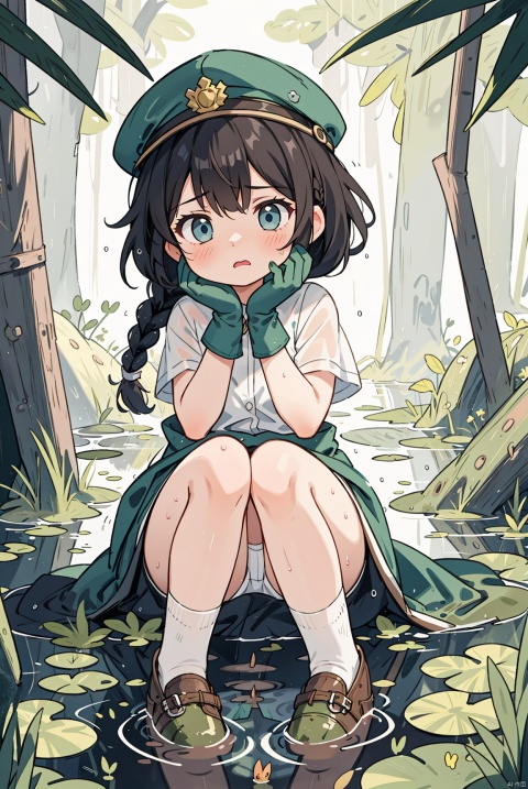 (1 girl), exquisitely depicting her face, facial expressions, hair, hands, legs, volume light, light and shadow relationship, and light and shadow effects (in the swamp: 1.5), blue eyes, black hair, (braid), rainy days, damp, moist, reflective, wearing a duckbill cap, white clothes, (white socks), brown leather shoes, disgusted expression, (black gloves)