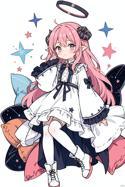 1girl, boots, closed_mouth, constellation, dress, frills, halo, horns, long_hair, long_sleeves, looking_at_viewer, pillow, pink_hair, ribbon, sleeves_past_fingers, sleeves_past_wrists, solo, star_\(symbol\), very_long_hair, white_dress, white_footwear, white_legwear, wide_sleeves
