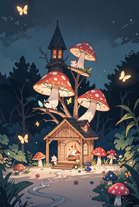 Landscape painting, on the beach at night, fairy tale world, glowing colorful cottage (mushroom house), bonfire, various small animals, floating crystal lamps, colorful butterflies dancing, fireflies, fantasy fantasy fantasy, pink dreams, magic, fantasy sky, aesthetics, digital painting, epic composition, high-definition, {{Master's work}}}