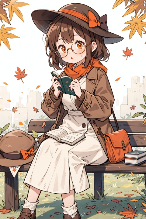 Falling leaves in autumn, girl with middle breasts, sitting on a bench, brown orange hair, orange eyes, with a long brown scarf around her neck, wearing a pair of glasses, holding a book in her hand, carefully reading, wearing a brown coat and a hat