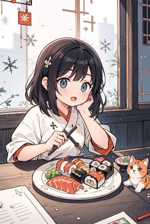 (artwork), (masterpiece), (detailed eyes), (shading), (extremely detailed CG 8k unity wallpaper), (wit studio indirect lighting), (amazing drawn illustration), (best illustrative performance), Winter style,many cute kittens (orange and white),snowflake, cozy atmosphere,pixiv, fun, depth of field, illumination background, reflections, holograms,sky, inside sparking, extremely realistic, and comprehensive,eating sushi. lot of delicious sashimi,(delicious sushi),sticky feeling light in the movie, background reflection Realistic style, chinese style,photo r3al,Land Of Boo,Glass,Clear glass
