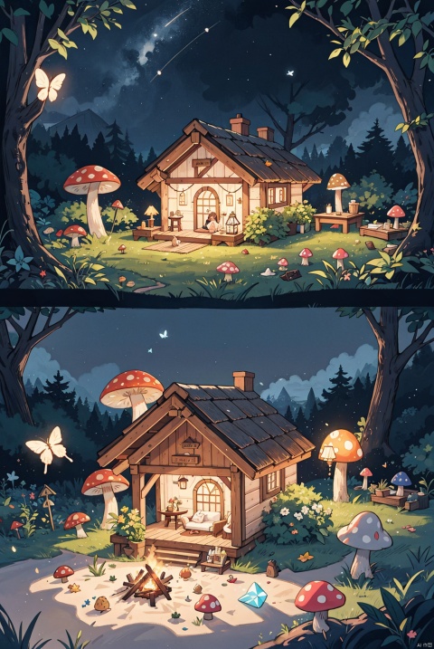 Landscape painting, on the beach at night, fairy tale world, glowing colorful cottage (mushroom house), bonfire, various small animals, floating crystal lamps, colorful butterflies dancing, fireflies, fantasy fantasy fantasy, pink dreams, magic, fantasy sky, aesthetics, digital painting, epic composition, high-definition, {{Master's work}}}