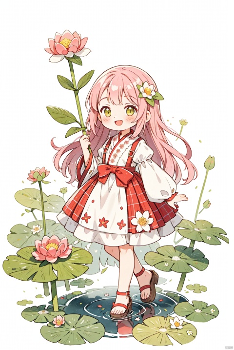 1girl, Kate Allan, Cute, camellia, daisy, dandelion, floral background, flower, full body, holding, leaf, lily,(flower), lily pad, long hair, lotus, pink dress, pink flower, plaid, sleeves, sandals, flmile, solo, camellia, traditional, media, dandelion, white background, lily,(flower), lily pad, long hair, lotus, pink dress, pink flower, plaid, puffy sleeves, sandals, smile, solo, traditional media, white flower, white background, yellow flower