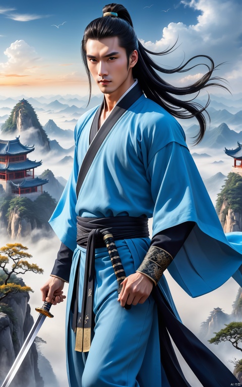 A young man with sword eyebrows and starry eyes, handsome face, exquisite facial features, bright eyes, tall nose bridge, black hair, flowing long hair, high ponytail, black wrist guard, ancient style, cultivation style, blue Taoist robe, exquisite Chinese Hanfu, long pants, Chinese cloth boots, blue sky, perfect figure, exquisite muscles, floating flying sword beside him, exquisite Chinese long sword, standing on the mountaintop, shrouded in clouds and mist, shining with lightning, The style of ink painting, master's work, high-definition 8k