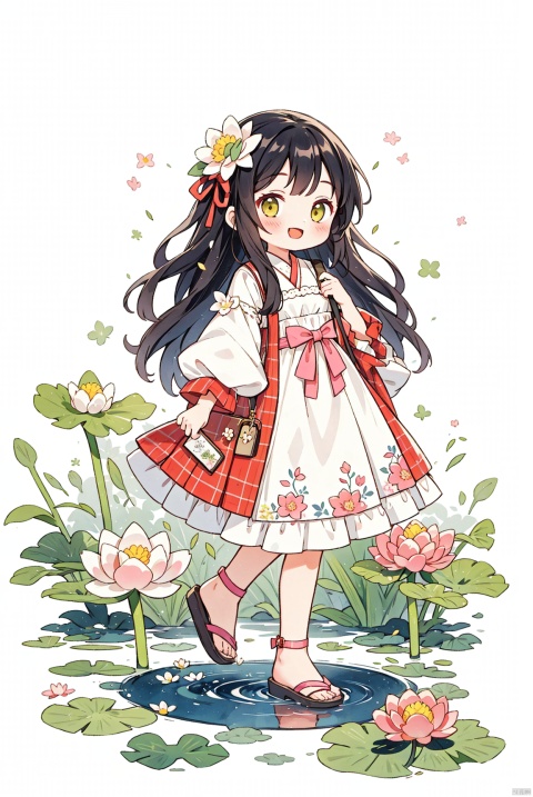 1girl, Kate Allan, Cute, camellia, daisy, dandelion, floral background, flower, full body, holding, leaf, lily,(flower), lily pad, long hair, lotus, pink dress, pink flower, plaid, sleeves, sandals, flmile, solo, camellia, traditional, media, dandelion, white background, lily,(flower), lily pad, long hair, lotus, pink dress, pink flower, plaid, puffy sleeves, sandals, smile, solo, traditional media, white flower, white background, yellow flower