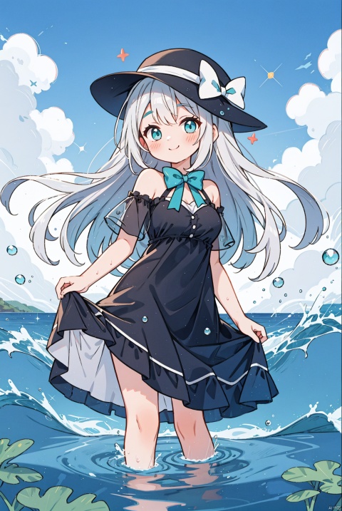1girl, aqua_bow, aqua_eyes, bangs, bare_shoulders, beach, black_dress, blue_sky, blush, bow, breasts, closed_mouth, clothes_lift, cloud, cloudy_sky, day, dress, eyebrows_visible_through_hair, hat, horizon, long_hair, looking_at_viewer, medium_breasts, ocean, outdoors, ripples, shallow_water, silver_hair, skirt_hold, sky, smile, solo, sparkle, splashing, standing, standing_on_liquid, very_long_hair, wading, water, water_drop, waves
