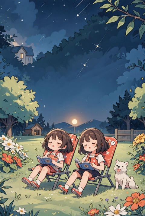 Little girls sleeping on lawn chairs in the yard, dogs, flowers, stars,, masterpiece, best quality,