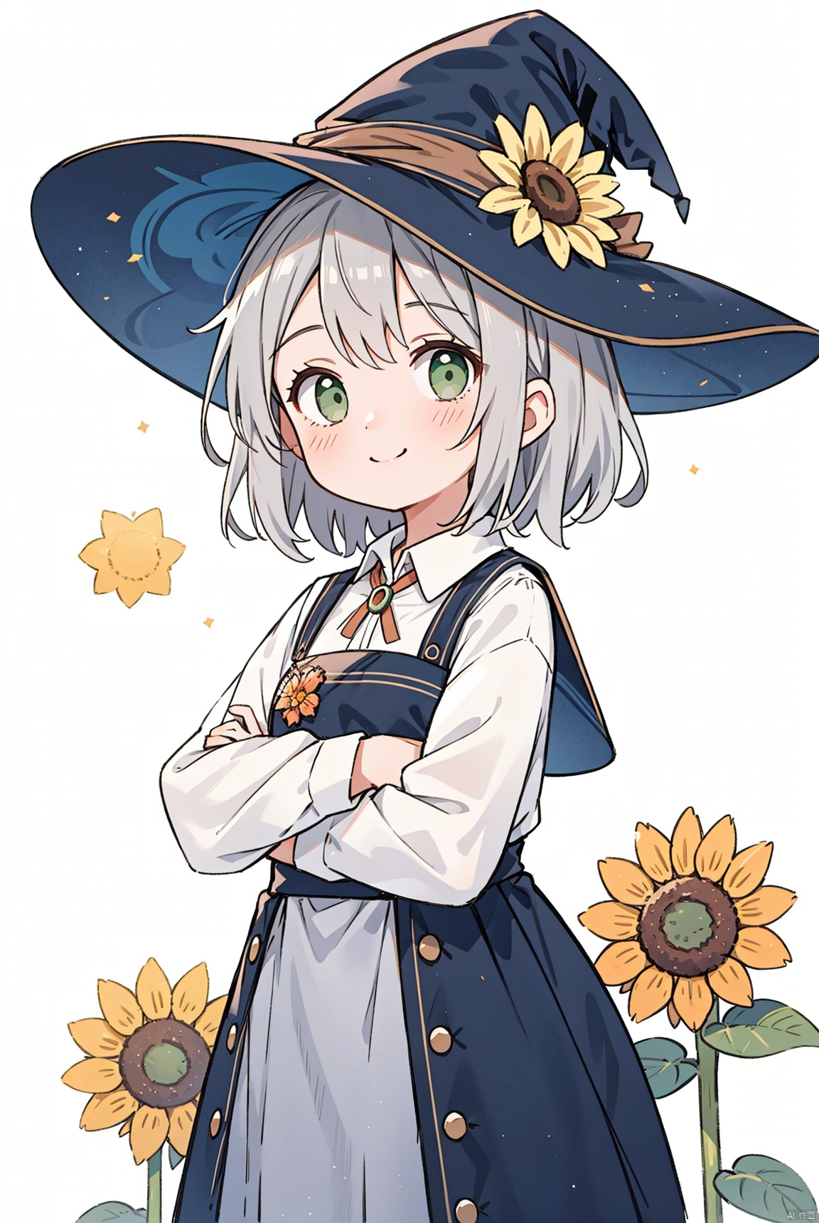 1girl, young girl, looking at viewer, smile, grey hair, green eyes, closed mouth, whole body, witch_hat, student clothes, sunflower decoration on clothes, exposed arms, no background, sun light at afternoon,
