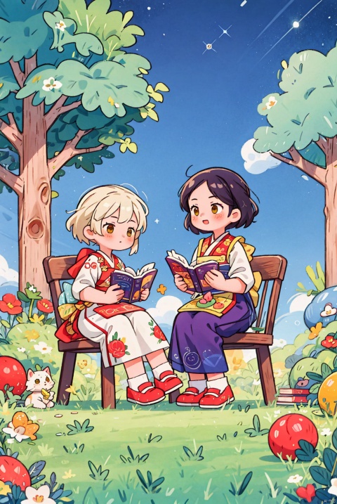 Two girls, dressed in blue embroidered Hanfu, sat in the yard reading, dancing, starry sky, kittens, tables and chairs, grass, vegetable garden, fruit trees,