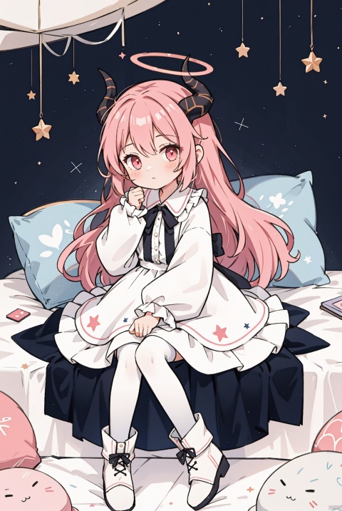 1girl, boots, closed_mouth, constellation, dress, frills, halo, horns, long_hair, long_sleeves, looking_at_viewer, pillow, pink_hair, ribbon, sleeves_past_fingers, sleeves_past_wrists, solo, star_\(symbol\), very_long_hair, white_dress, white_footwear, white_legwear, wide_sleeves
