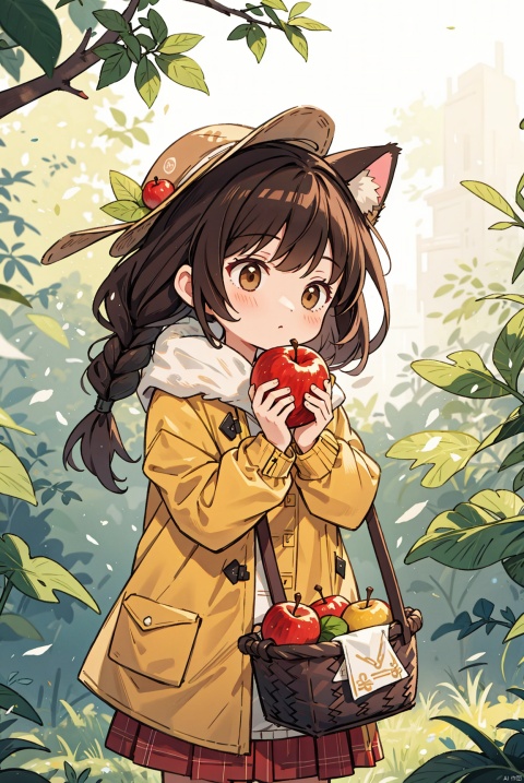1girl, food, solo, fruit, holding food, holding, long hair, brown hair, holding fruit, outdoors, long sleeves, yellow headwear, branch, tree, hat, blurry, apple, closed mouth, brown eyes, day, bangs, looking up, hands up, jacket, leaf, standing, cowboy shot, plant, depth of field, blurry background, coat, braid, basket, green headwear, yellow jacket, looking away, sweater, dappled sunlight, (fluffy cat ears), mjiaocha, backlight
