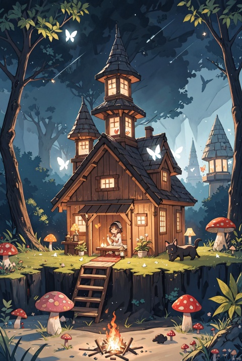 Landscape painting, on the beach at night, fairy tale world, glowing colorful cottage (mushroom house), bonfire, various small animals, floating crystal lamps, colorful butterflies dancing, fireflies, fantasy fantasy fantasy, pink dreams, magic, fantasy sky, aesthetics, digital painting, epic composition, high-definition, {{Master's work}}}