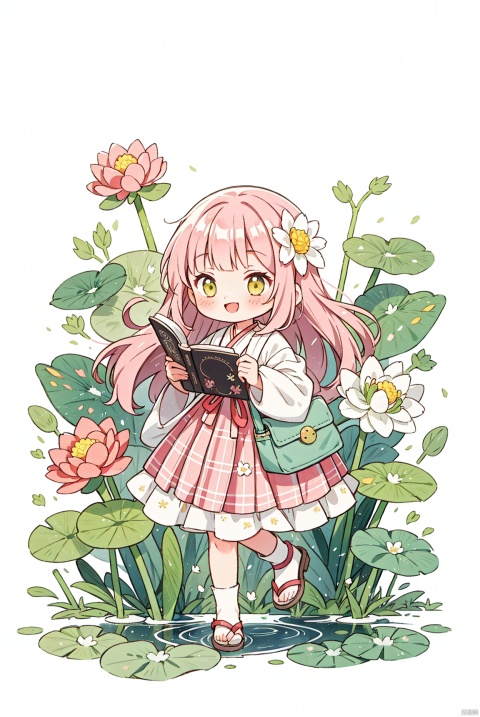 1girl, Kate Allan, Cute, camellia, daisy, dandelion, floral background, flower, full body, holding, leaf, lily,(flower), lily pad, long hair, lotus, pink dress, pink flower, plaid, sleeves, sandals, flmile, solo, camellia, traditional, media, dandelion, white background, lily,(flower), lily pad, long hair, lotus, pink dress, pink flower, plaid, puffy sleeves, sandals, smile, solo, traditional media, white flower, white background, yellow flower