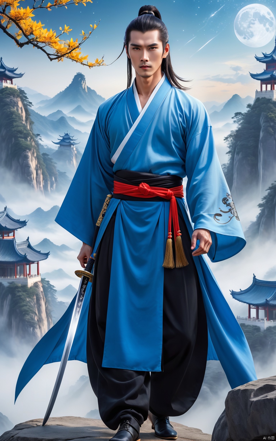 A young man with sword eyebrows and starry eyes, handsome face, exquisite facial features, bright eyes, tall nose bridge, black hair, flowing long hair, high ponytail, black wrist guard, ancient style, cultivation style, blue Taoist robe, exquisite Chinese Hanfu, long pants, Chinese cloth boots, blue sky, perfect figure, exquisite muscles, floating flying sword beside him, exquisite Chinese long sword, standing on the mountaintop, shrouded in clouds and mist, shining with lightning, The style of ink painting, master's work, high-definition 8k