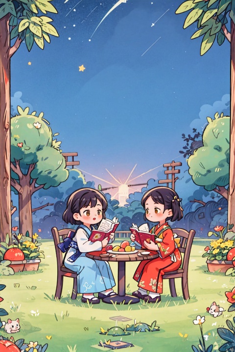 Two girls, dressed in blue embroidered Hanfu, sat in the yard reading, dancing, starry sky, kittens, tables and chairs, grass, vegetable garden, fruit trees,