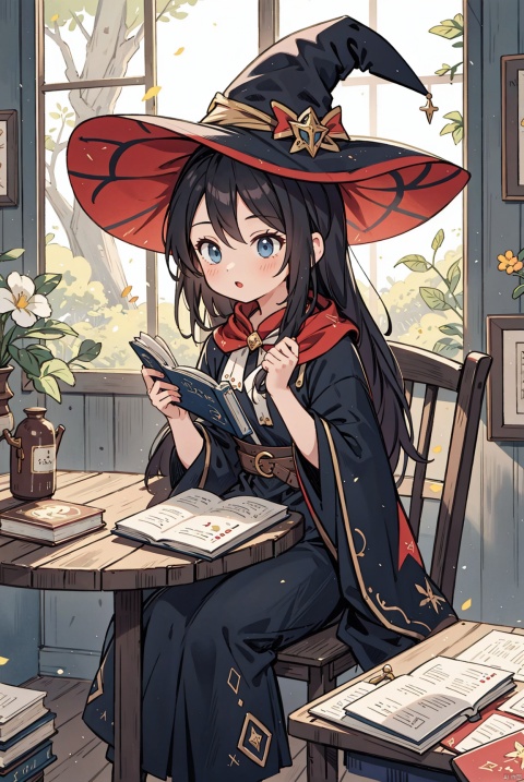 A woman with long hair and a witch hat sat on a table by the window, holding a book, an artwork, an anime girl, a detailed painting, and fantasy art in her hand