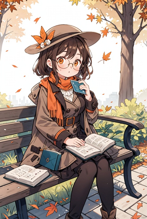 Falling leaves in autumn, girl with middle breasts, sitting on a bench, brown orange hair, orange eyes, with a long brown scarf around her neck, wearing a pair of glasses, holding a book in her hand, carefully reading, wearing a brown coat and a hat