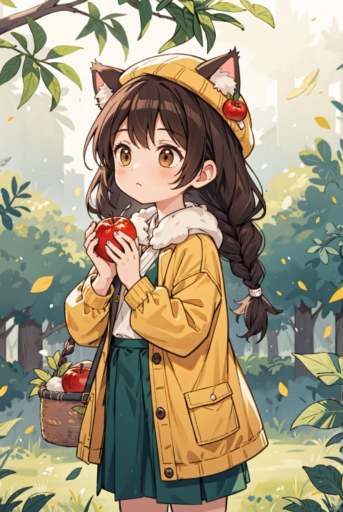 1girl, food, solo, fruit, holding food, holding, long hair, brown hair, holding fruit, outdoors, long sleeves, yellow headwear, branch, tree, hat, blurry, apple, closed mouth, brown eyes, day, bangs, looking up, hands up, jacket, leaf, standing, cowboy shot, plant, depth of field, blurry background, coat, braid, basket, green headwear, yellow jacket, looking away, sweater, dappled sunlight, (fluffy cat ears), mjiaocha, backlight
