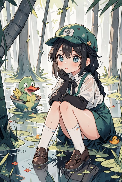 (1 girl), exquisitely depicting her face, facial expressions, hair, hands, legs, volume light, light and shadow relationship, and light and shadow effects (in the swamp: 1.5), blue eyes, black hair, (braid), rainy days, damp, moist, reflective, wearing a duckbill cap, white clothes, (white socks), brown leather shoes, disgusted expression, (black gloves)