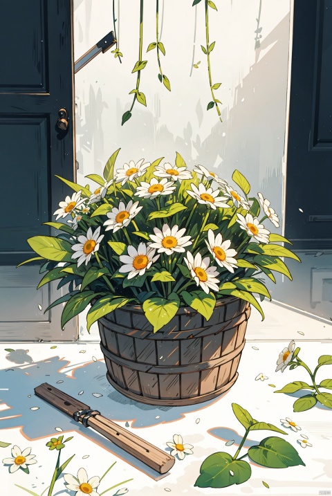 a basket with white daisies hanging, in the style of photo realistic hyperbole, green, floralpunk, oshare kei, light white and light green, amedee ozenfant, photo realistic techniques
