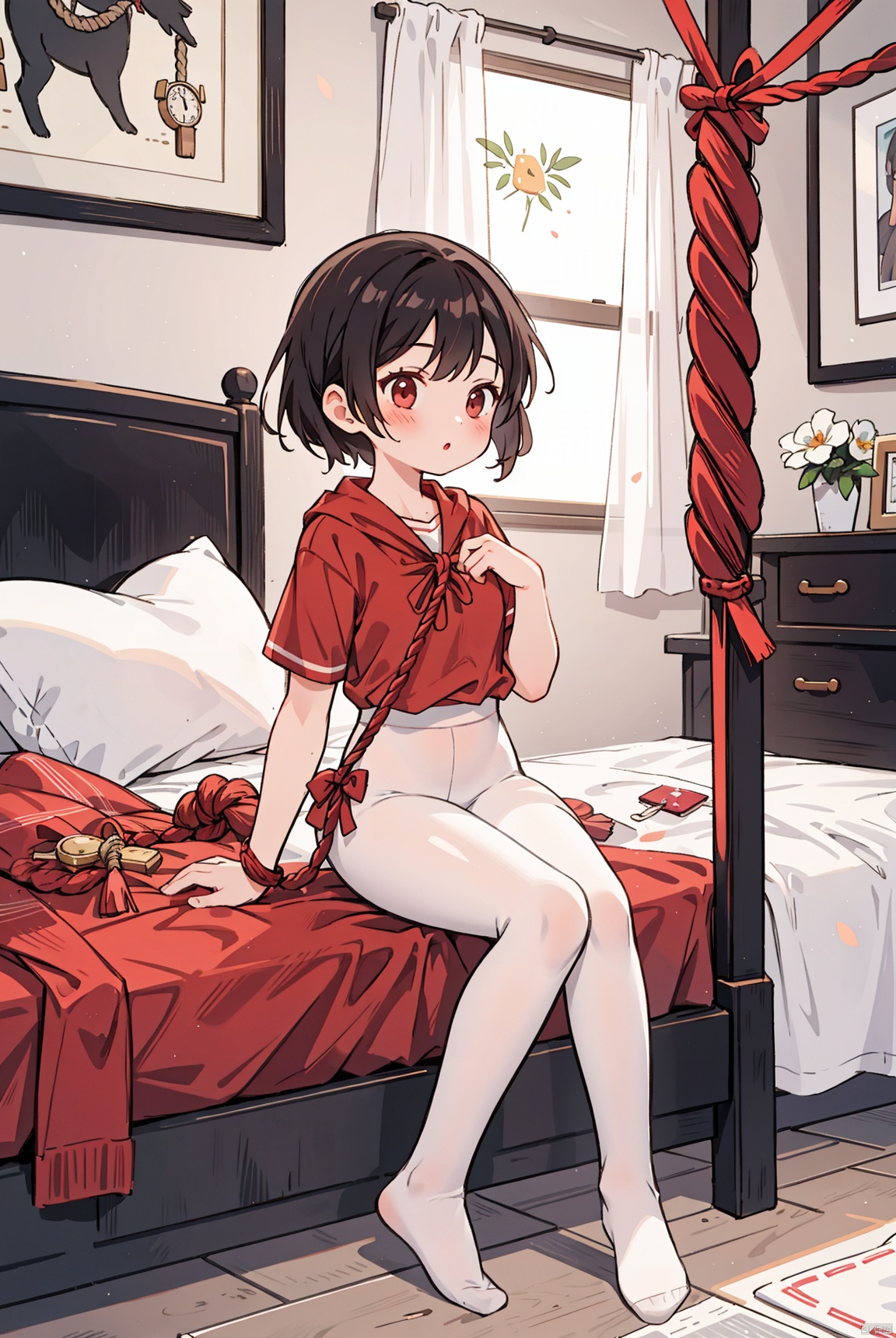A girl, (wearing white pantyhose, semi transparent), (body bound by a rope, red rope), (wearing short sleeves), not wearing shoes, (sitting on the bed)