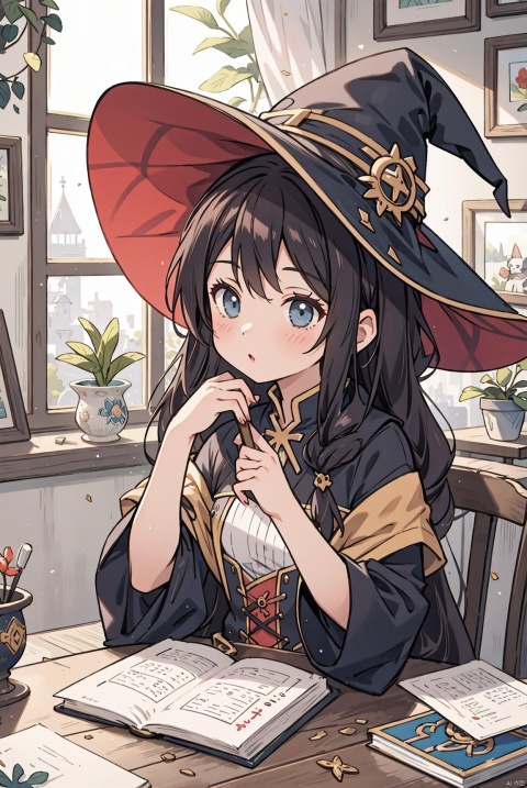 A woman with long hair and a witch hat sat on a table by the window, holding a book, an artwork, an anime girl, a detailed painting, and fantasy art in her hand