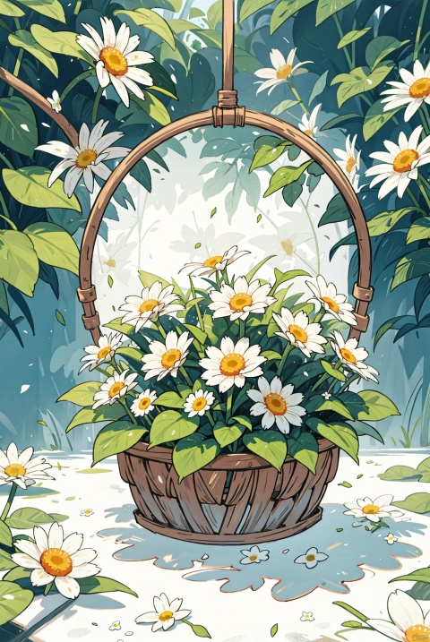 a basket with white daisies hanging, in the style of photo realistic hyperbole, green, floralpunk, oshare kei, light white and light green, amedee ozenfant, photo realistic techniques
