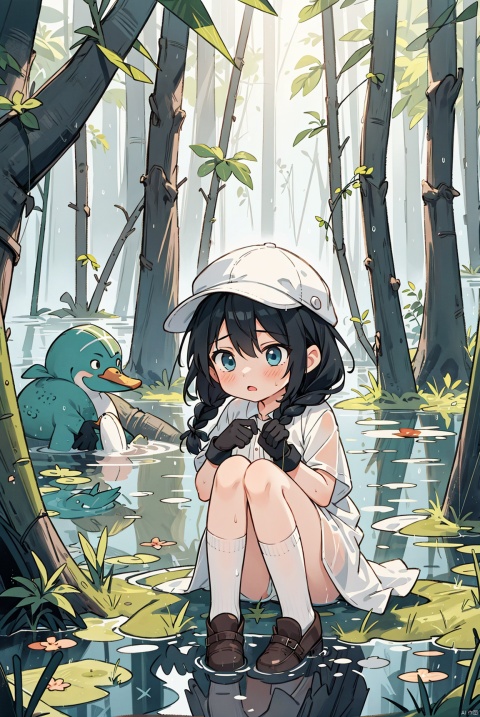 (1 girl), exquisitely depicting her face, facial expressions, hair, hands, legs, volume light, light and shadow relationship, and light and shadow effects (in the swamp: 1.5), blue eyes, black hair, (braid), rainy days, damp, moist, reflective, wearing a duckbill cap, white clothes, (white socks), brown leather shoes, disgusted expression, (black gloves)