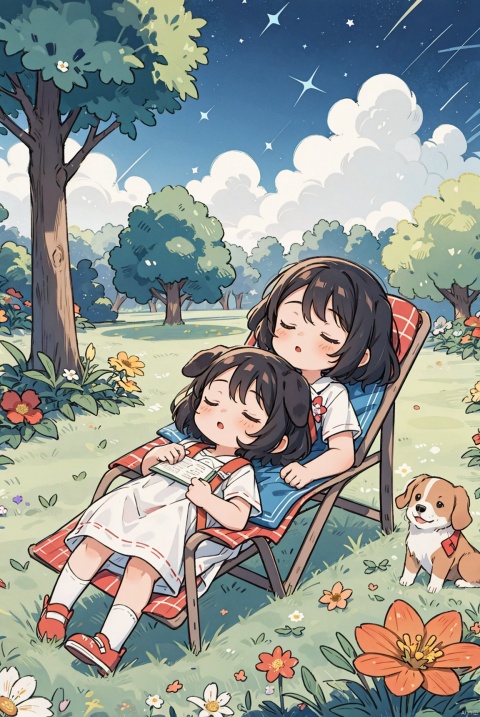 Little girls sleeping on lawn chairs in the yard, dogs, flowers, stars,, masterpiece, best quality,