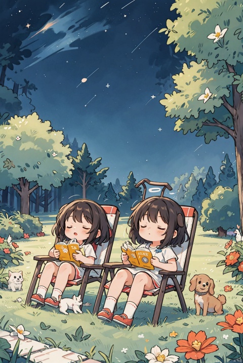 Little girls sleeping on lawn chairs in the yard, dogs, flowers, stars,, masterpiece, best quality,