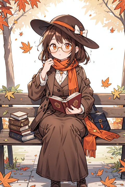 Falling leaves in autumn, girl with middle breasts, sitting on a bench, brown orange hair, orange eyes, with a long brown scarf around her neck, wearing a pair of glasses, holding a book in her hand, carefully reading, wearing a brown coat and a hat