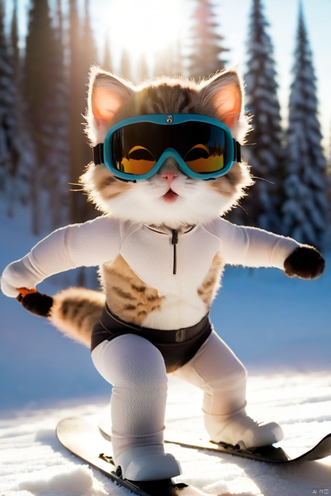  The protagonist cat, skiing in the snow, wearing protective goggles, looks at the camera, splashing snow, setting sun and forest background, dynamic shots,Human Body, Boy Body, Nude, Body