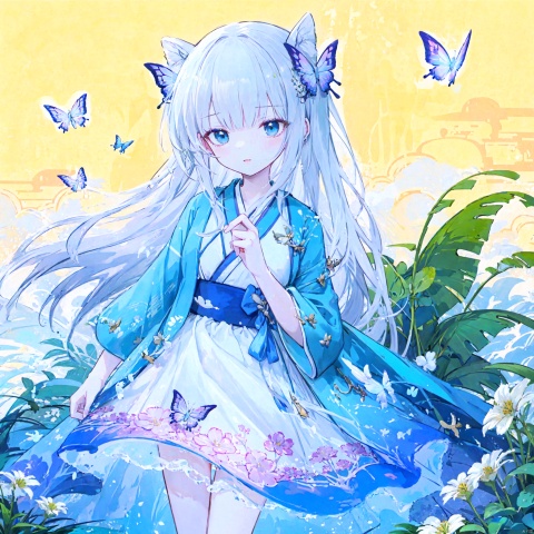  blue ru_qun,best_quality,head,original_outfit,hanfu,clear details,masterpiece, best_quality, clear details,1girl,garden background,, butterfly on finger,blue eyes,white hair,long hair,big eyes ,yuzu,liquid clothes,girl,Anime,azur lane, Chinese style, best quality