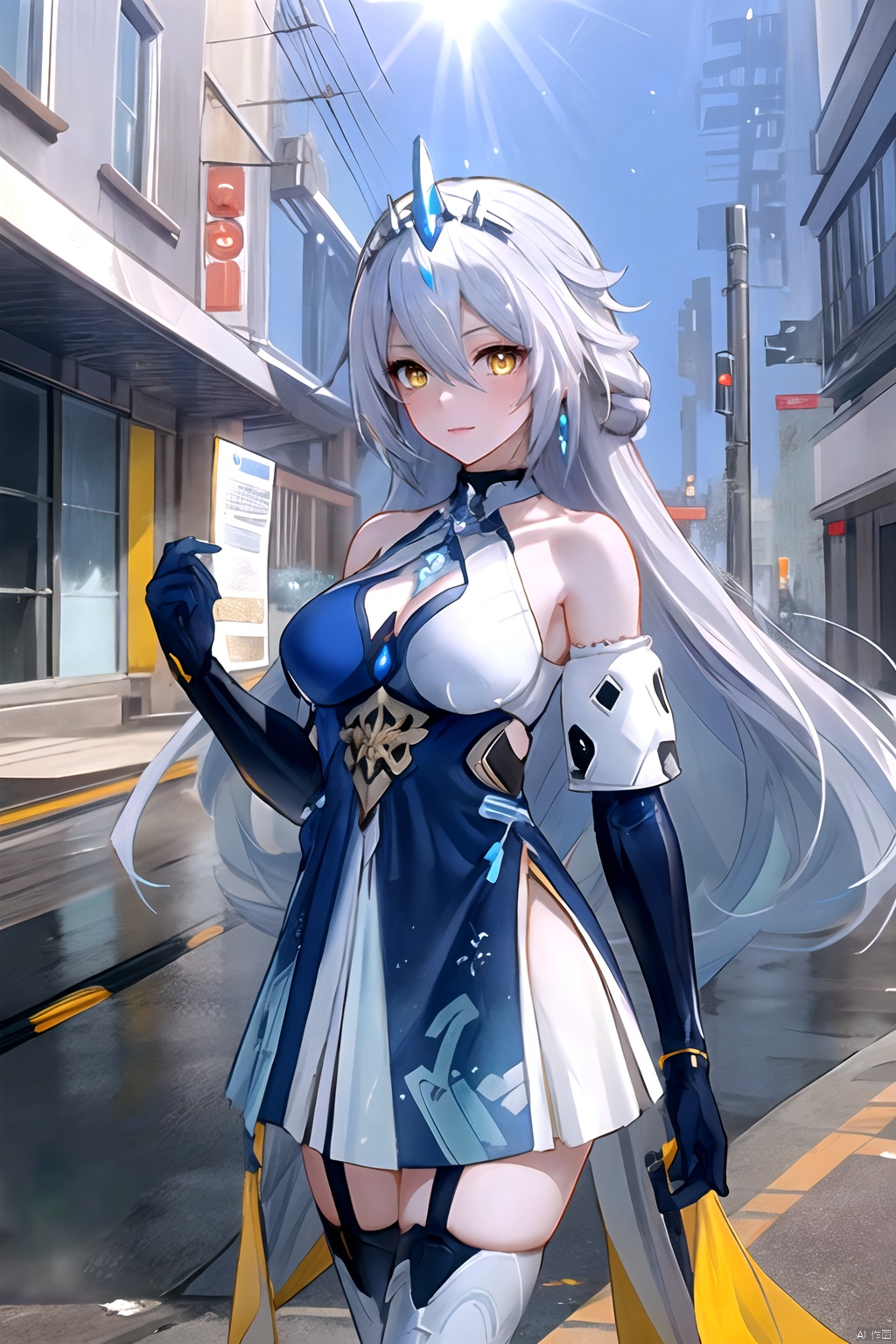  (Masterpiece) ,intricate details, outdoor,great cit,cityscape,river,white theme, lucid surface futuristic internals, a beautiful women cyborg with white long hair and iridescent eyes,a lot Embossed decorations with gold trim on suite, cowboy shot, sun light, haoche,jiqi, art style,
////////////
lindong,1girl,kiana kaslana,long hair,blue elbow gloves,bare shoulders,yellow eyes,boots,bangs,breasts,white thighhighs,jewelry,diamond-shaped pupils,hair between eyes,blue dress,tiara, haoche, 2girls,large breasts