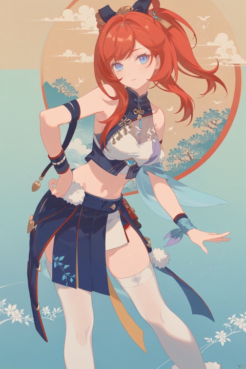  line art,line style,as style,best quality,masterpiece,
 The image features a Q version of cute cartoon girl wearing ancient costume, simple pattern, full body portrait, standing pose, legs straight, hands on both sides, minimalist painter style, ancient Chinese style, vector illustration, clean background
xndy,1girl,blue eyes,navel,red long hair,white thighhighs,midriff,crop top,skirt,singleglove,