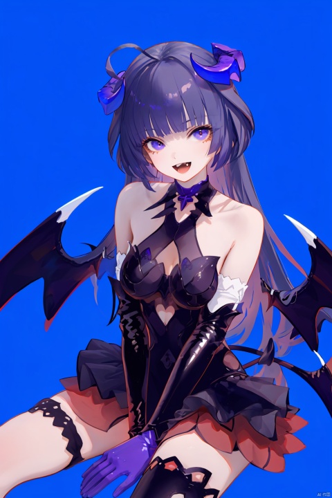  nai3, 1girl, solo, ahoge, virtual youtuber, , flower, looking at viewer, sitting, open mouth, smile,bangs,between legs, :d, hand between legs, blue background, fang, feet out of frame,haoche,violet,
\\\\\\\\\\\\\\
meimo, succubus, 1girl, gloves, raiden mei, elbow gloves, long hair, bangs, (single thighhigh:1.2), bare shoulders, breasts, purple gloves, boots, succubus wings, demon girl,
