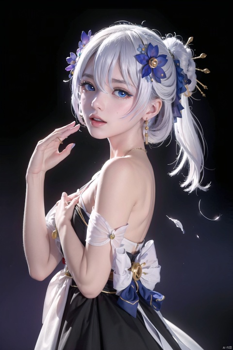  (masterpiece, best quality),a girl, solo, open mouth,  hair between eyes, looking at viewer, upper body, hand up, falling petals, depth of field, strong bloom, purple background,
lange, theresa apocalypse, 1girl, hair ornament, hair flower, blue eyes, white hair, flower, simple background, dress, full body, chinese clothes, closed mouth, looking at viewer, bangs, bare shoulders, blue flower,skirt, little girl,9 years old