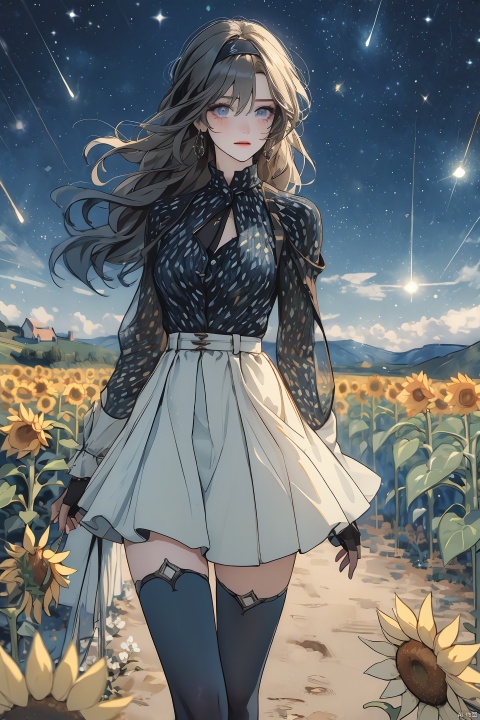 
Beautiful woman, sunflower field, amber eyes, 8k, best quality, (van gogh, starry night background), detailed hair, detailed eyes, mtianmei
\\\\\\\\\\\,
liuying,def clothe,1girl,black thighhighs,blue eyes,hairband,long hair,black hairband,fingerlessgloves,skirt,
, mLD