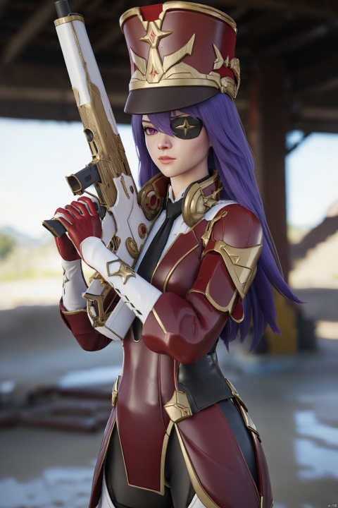  best quality,masterpiece,8k,(ultra-detailed),jijia, 3d, CG, weapon, 1girl, gun, solo, rifle, holding weapon, assault rifle, holding, blurry background, armor, holding gun,  blurry, science fiction, realistic,a woman holding a gun,the female alien is holding a gun,
xwl, def clothe, 1girl, eyepatch, purple hair, purple eyes, long hair, hat, red gloves,